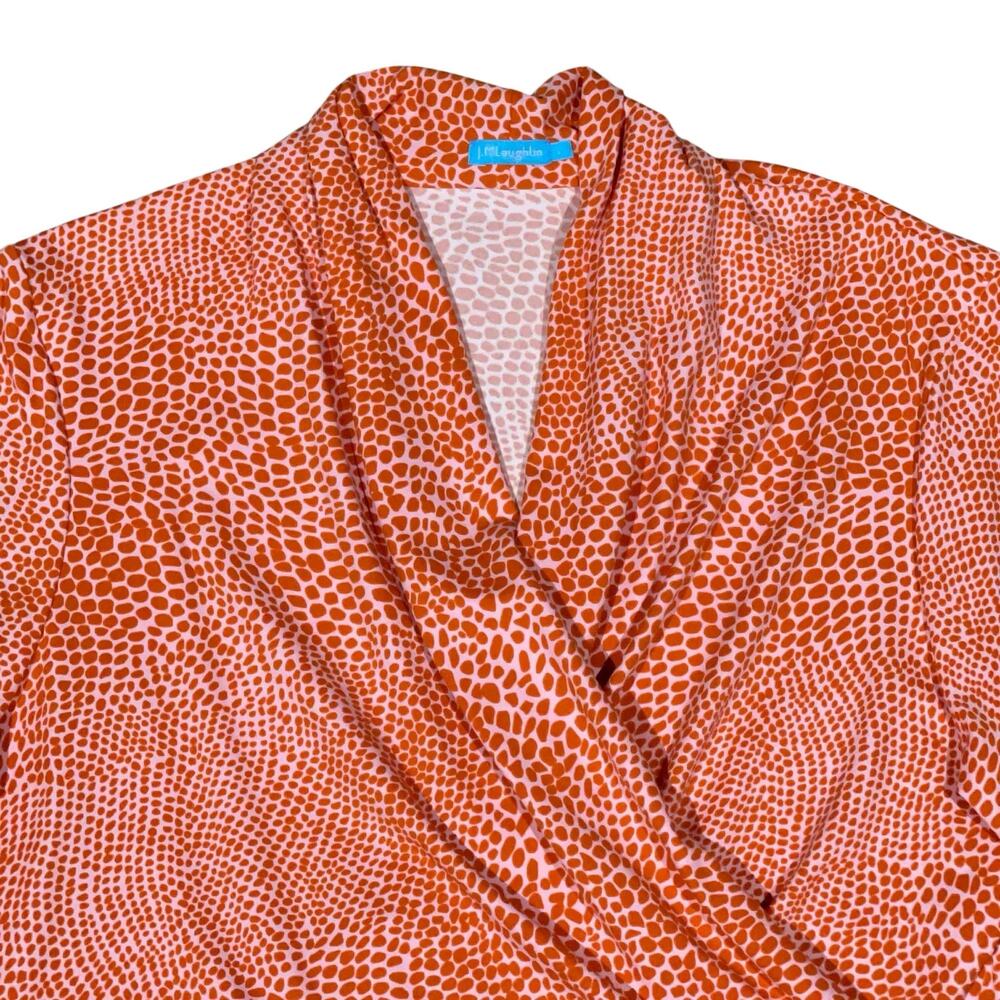 J.McLaughlin Printed Catalina Cloth Faux Wrap Top L Orange Stretch Casual Artsy - Picture 3 of 8